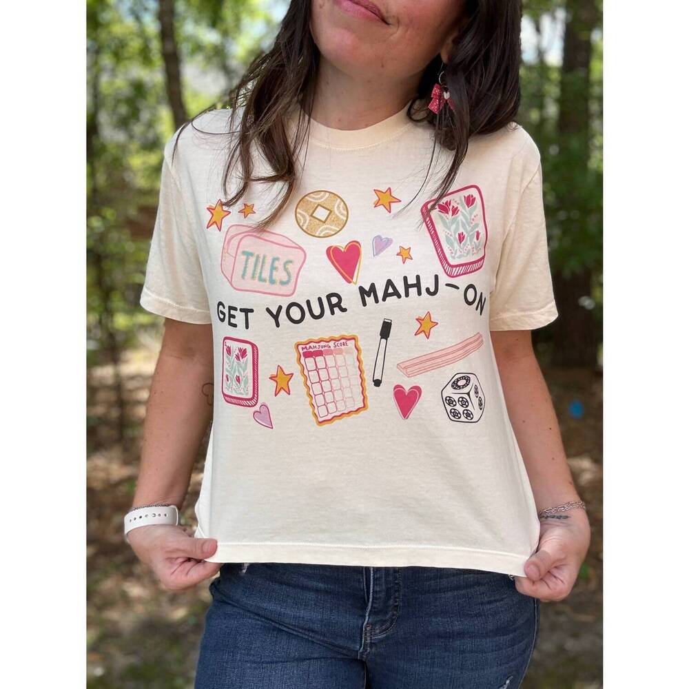 NEW POPPY & PINE get your mahj-on crop tee top in beige